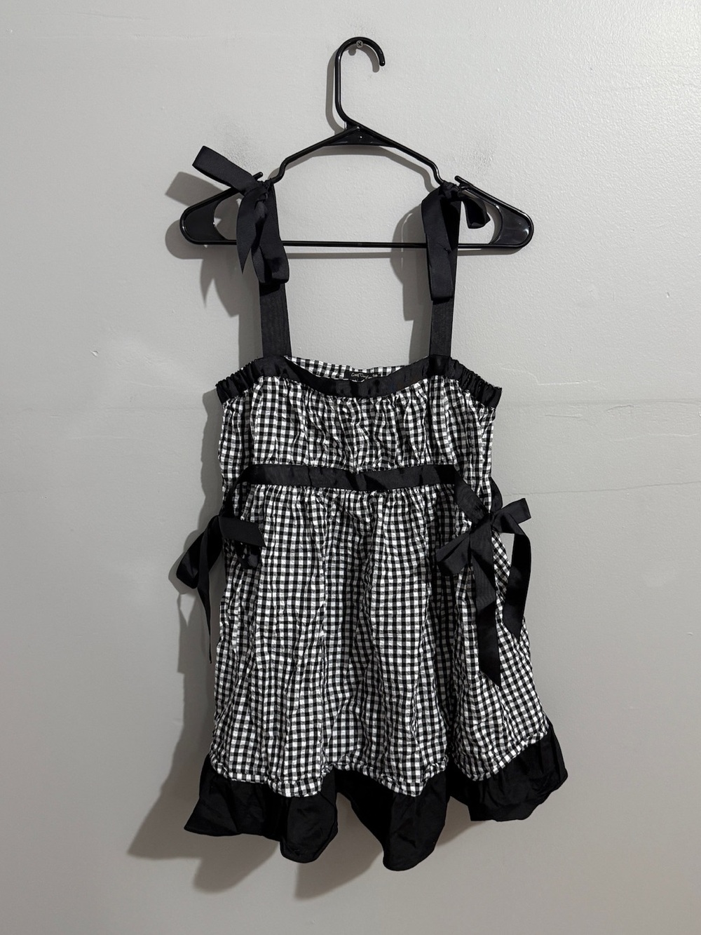 City Triangles Womens S Gingham Tank Top Black White Ruffle Bow Tie Y2K Coquette
